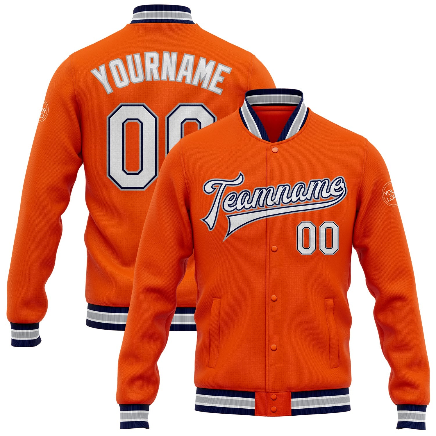 Custom Orange White Navy-Gray Bomber Full-Snap Varsity Letterman Jacket - Main View