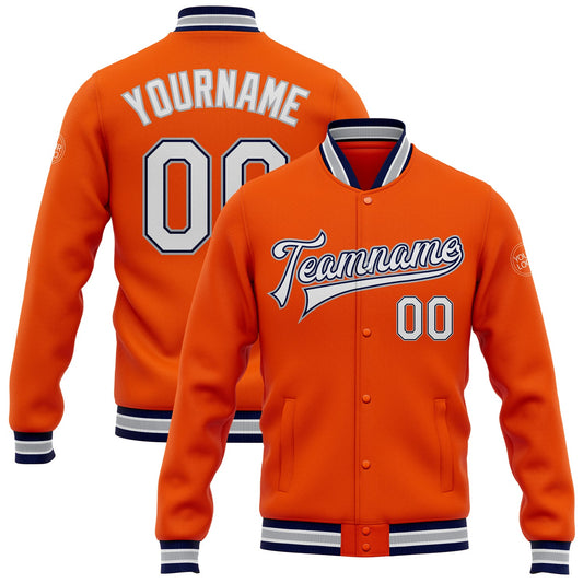 Custom Orange White Navy-Gray Bomber Full-Snap Varsity Letterman Jacket - Main View