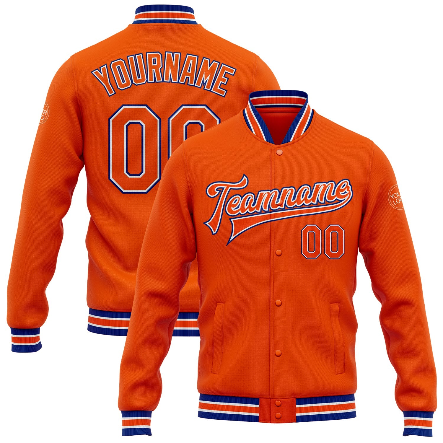 Custom Orange White-Royal Bomber Full-Snap Varsity Letterman Jacket - Main View