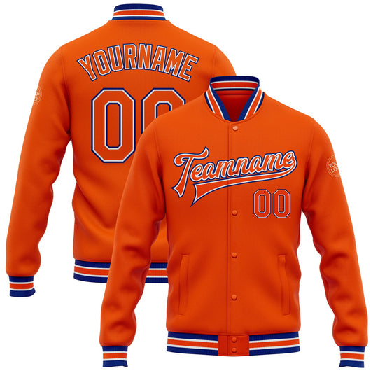 Custom Orange White-Royal Bomber Full-Snap Varsity Letterman Jacket - Main View