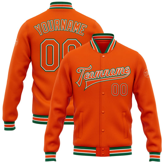 Custom Orange White-Kelly Green Bomber Full-Snap Varsity Letterman Jacket - Main View