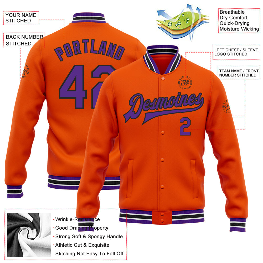 Custom Orange Purple-Black Bomber Full-Snap Varsity Letterman Jacket view 5