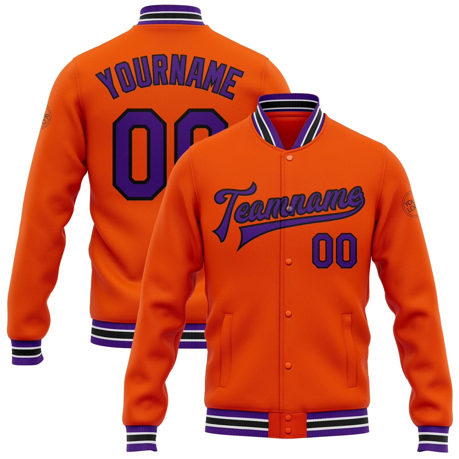 Custom Orange Purple-Black Bomber Full-Snap Varsity Letterman Jacket - Main View