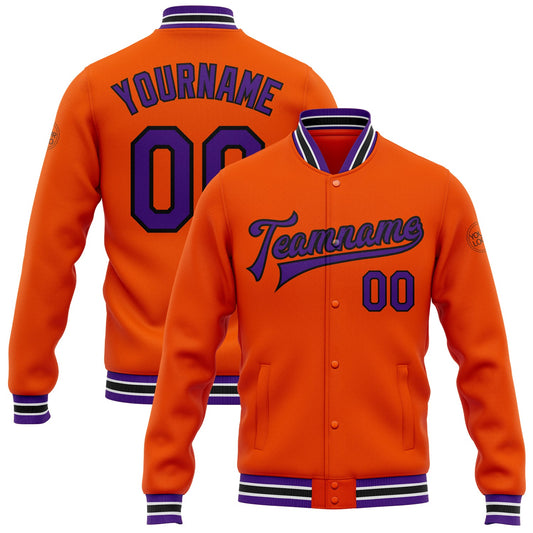 Custom Orange Purple-Black Bomber Full-Snap Varsity Letterman Jacket - Main View