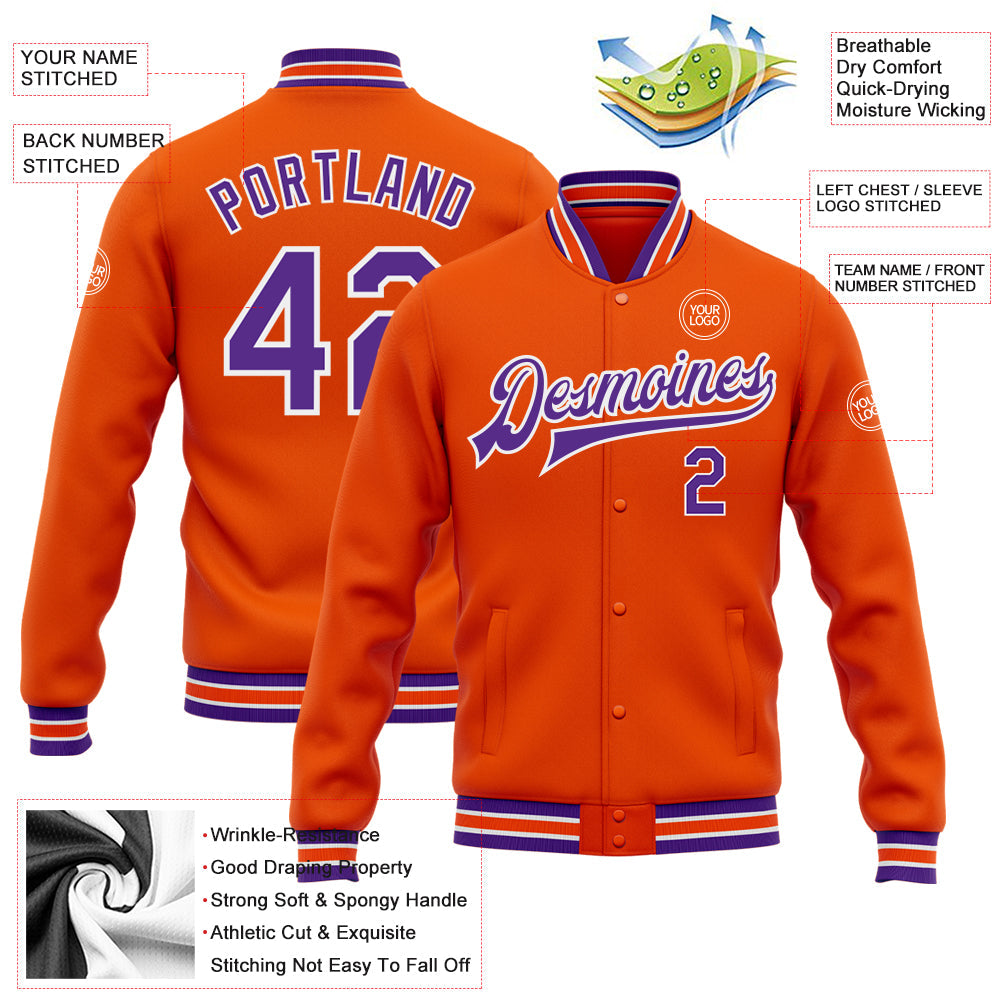 Custom Orange Purple-White Bomber Full-Snap Varsity Letterman Jacket view 5