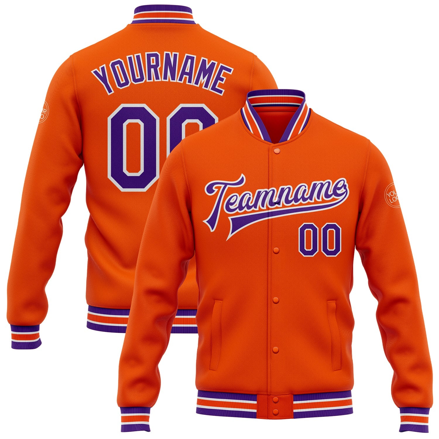 Custom Orange Purple-White Bomber Full-Snap Varsity Letterman Jacket - Main View