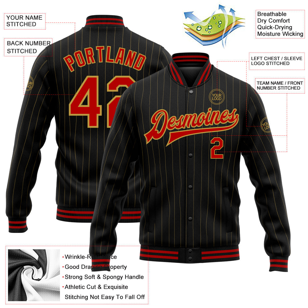 Custom Black Old Gold Pinstripe Red Bomber Full-Snap Varsity Letterman Jacket view 5