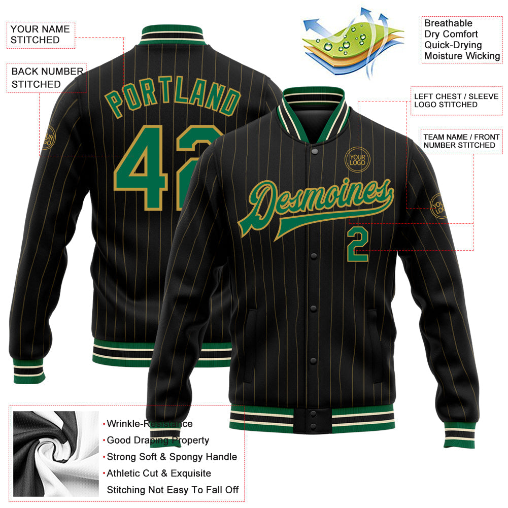 Custom Black Old Gold Pinstripe Kelly Green-Cream Bomber Full-Snap Varsity Letterman Jacket view 5