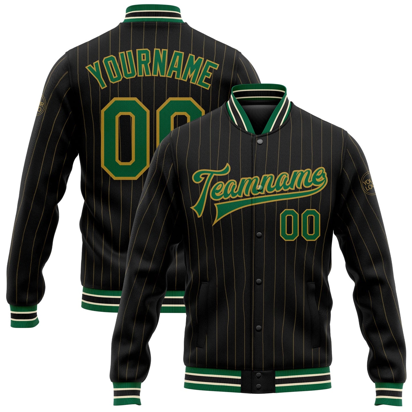Custom Black Old Gold Pinstripe Kelly Green-Cream Bomber Full-Snap Varsity Letterman Jacket - Main View