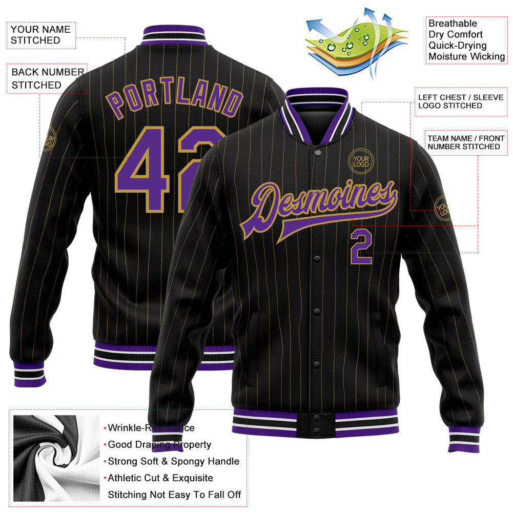 Custom Black Old Gold Pinstripe Purple-White Bomber Full-Snap Varsity Letterman Jacket view 5