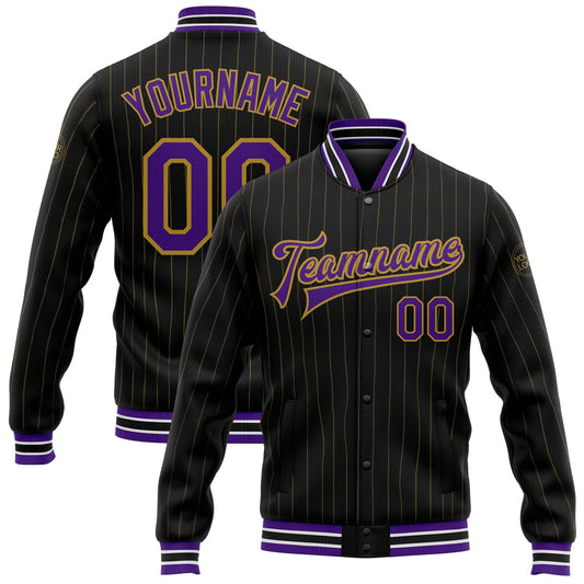 Custom Black Old Gold Pinstripe Purple-White Bomber Full-Snap Varsity Letterman Jacket - Main View
