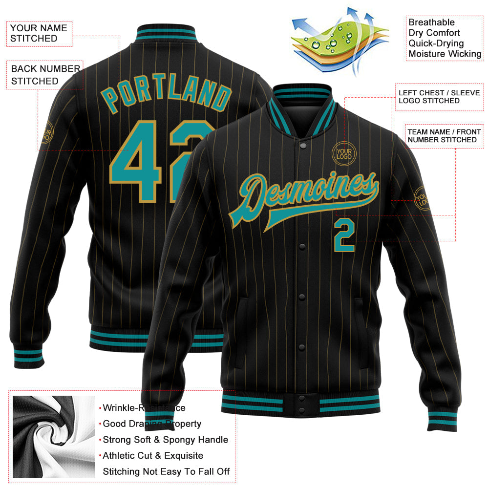 Custom Black Old Gold Pinstripe Teal Bomber Full-Snap Varsity Letterman Jacket view 5
