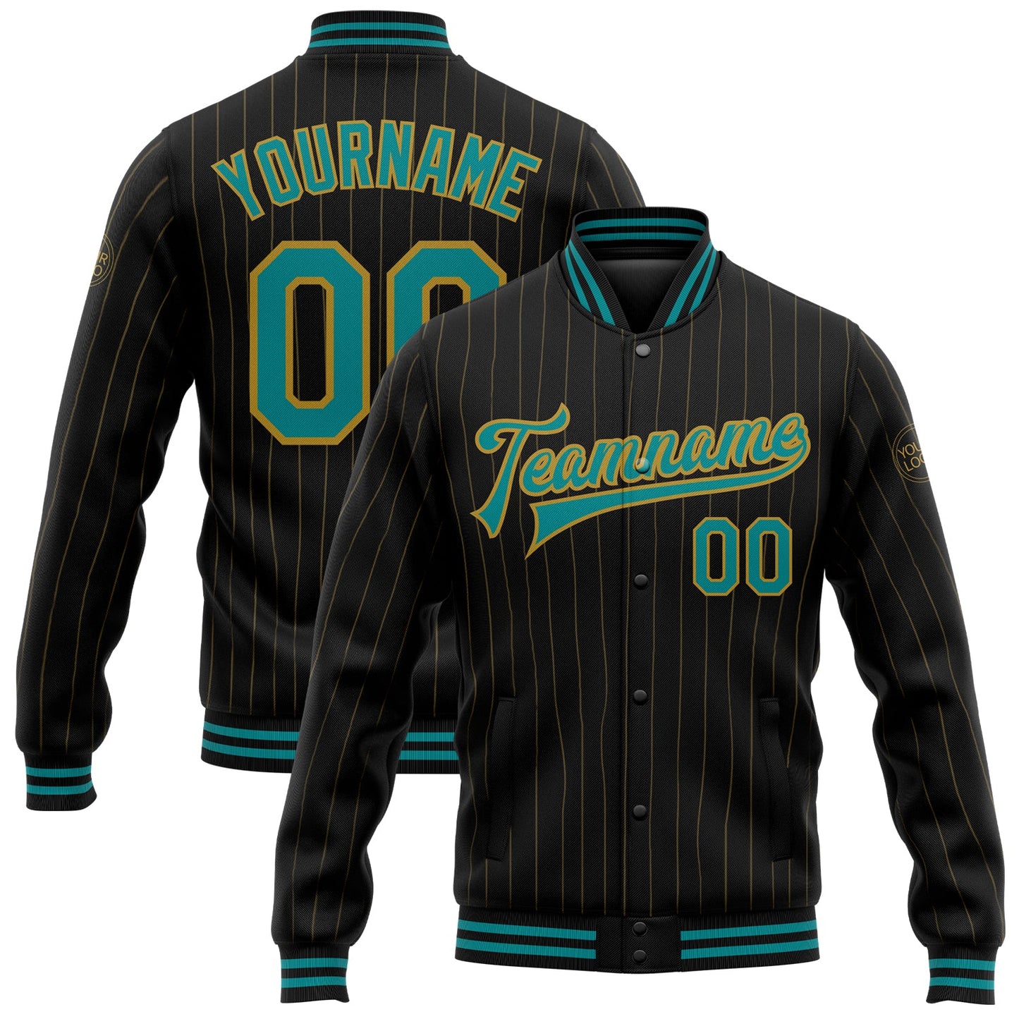 Custom Black Old Gold Pinstripe Teal Bomber Full-Snap Varsity Letterman Jacket - Main View