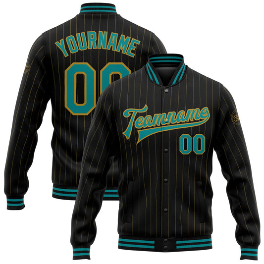 Custom Black Old Gold Pinstripe Teal Bomber Full-Snap Varsity Letterman Jacket - Main View