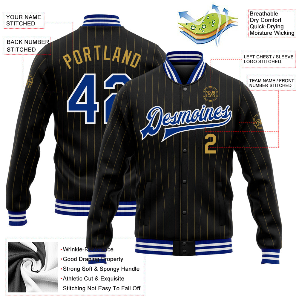 Custom Black Old Gold Pinstripe Royal-White Bomber Full-Snap Varsity Letterman Jacket view 5