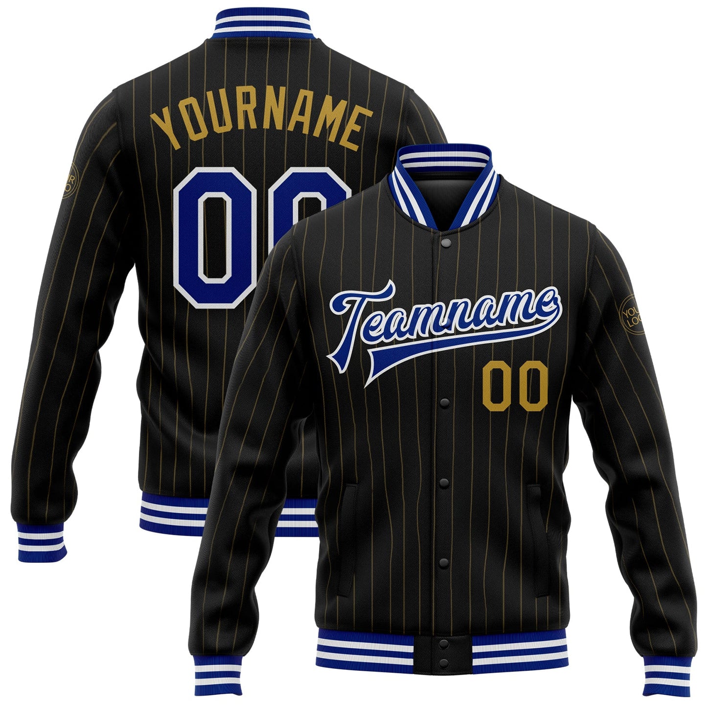 Custom Black Old Gold Pinstripe Royal-White Bomber Full-Snap Varsity Letterman Jacket - Main View