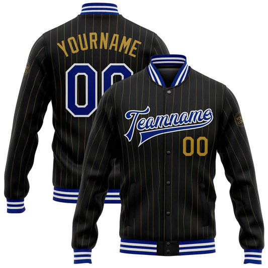 Custom Black Old Gold Pinstripe Royal-White Bomber Full-Snap Varsity Letterman Jacket - Main View