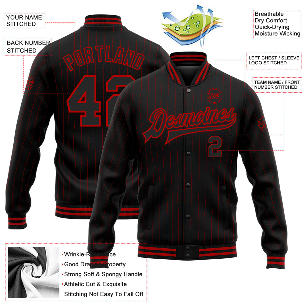 Custom Black Red Pinstripe Red Bomber Full-Snap Varsity Letterman Jacket view 5