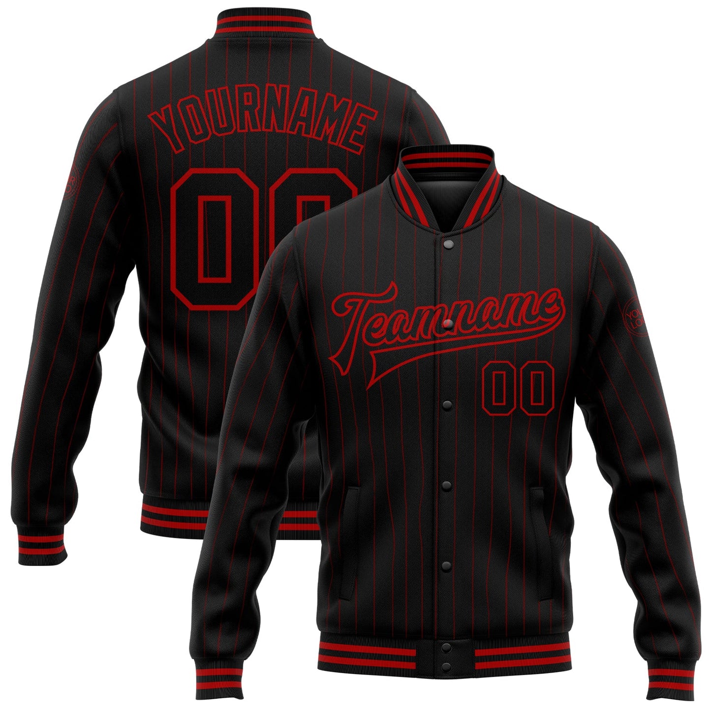 Custom Black Red Pinstripe Red Bomber Full-Snap Varsity Letterman Jacket - Main View
