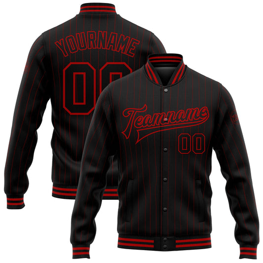 Custom Black Red Pinstripe Red Bomber Full-Snap Varsity Letterman Jacket - Main View