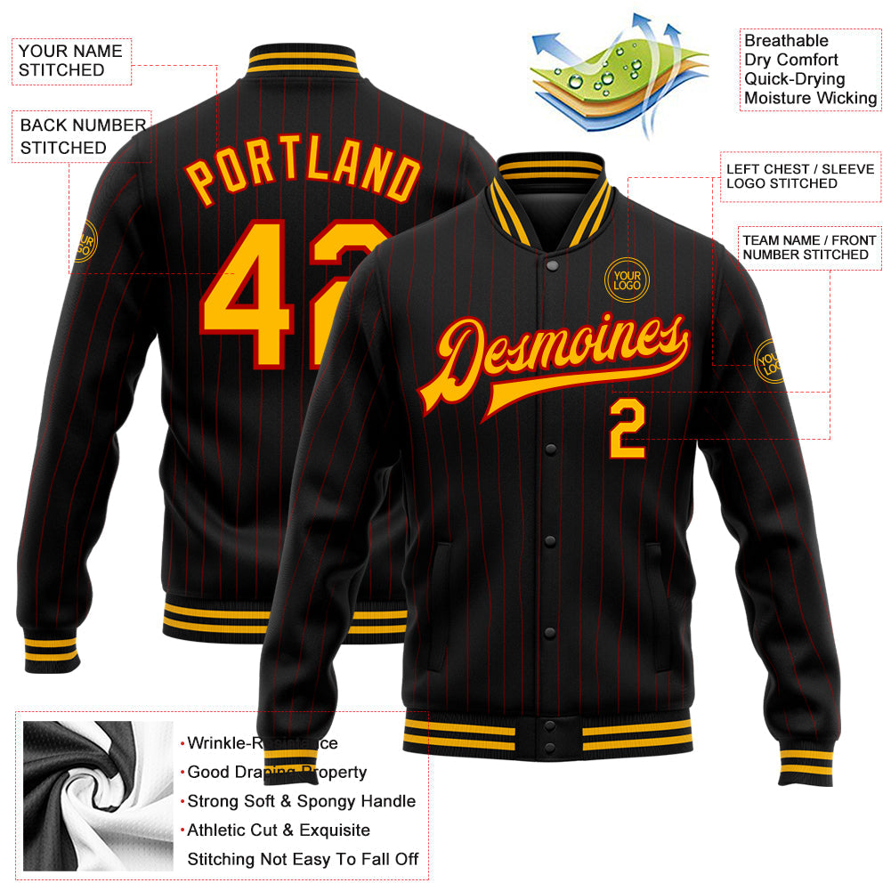 Custom Black Red Pinstripe Gold Bomber Full-Snap Varsity Letterman Jacket view 5