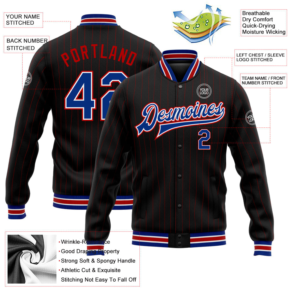 Custom Black Red Pinstripe Royal-White Bomber Full-Snap Varsity Letterman Jacket view 5
