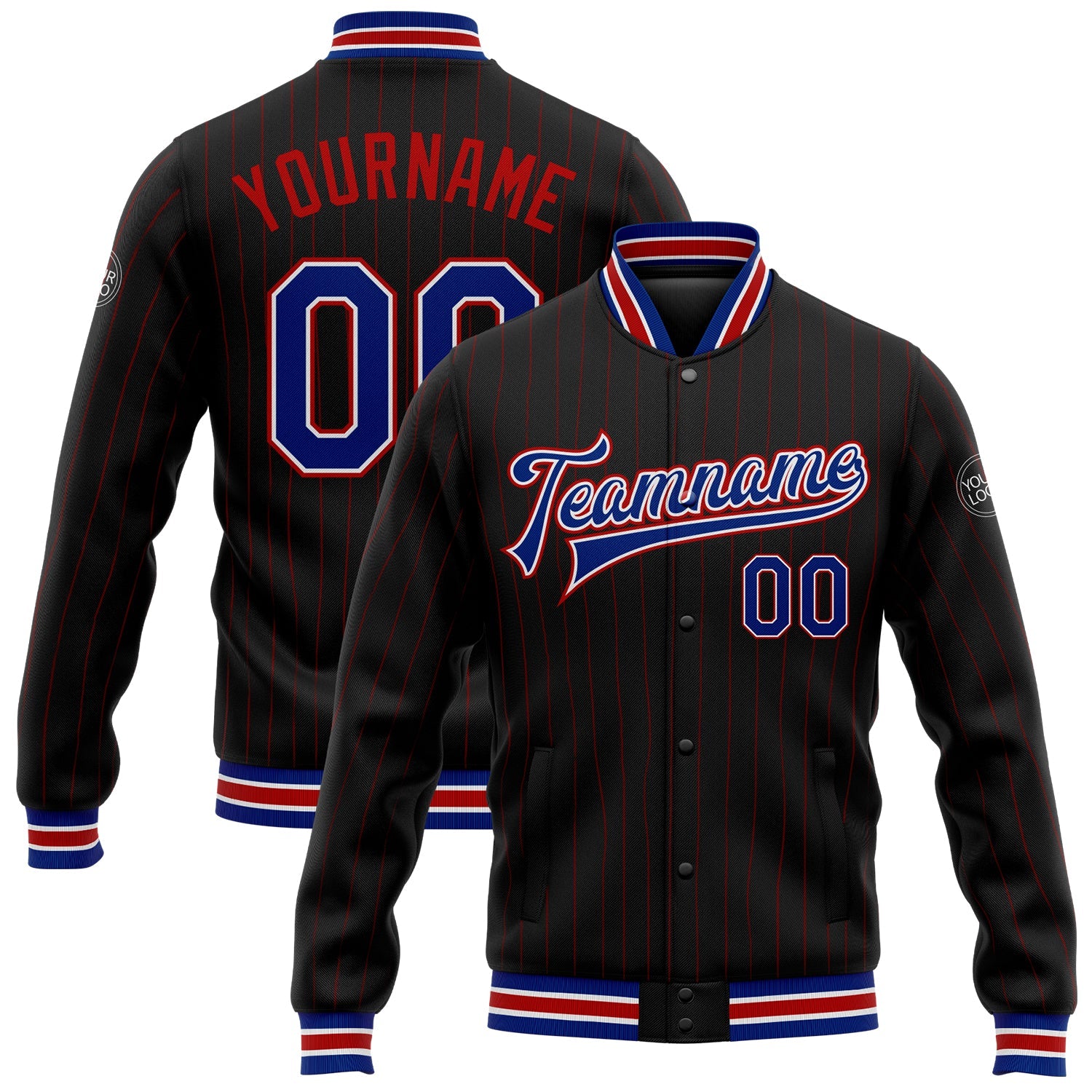 Custom Black Red Pinstripe Royal-White Bomber Full-Snap Varsity Letterman Jacket - Main View
