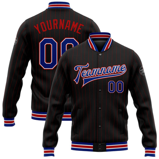 Custom Black Red Pinstripe Royal-White Bomber Full-Snap Varsity Letterman Jacket - Main View