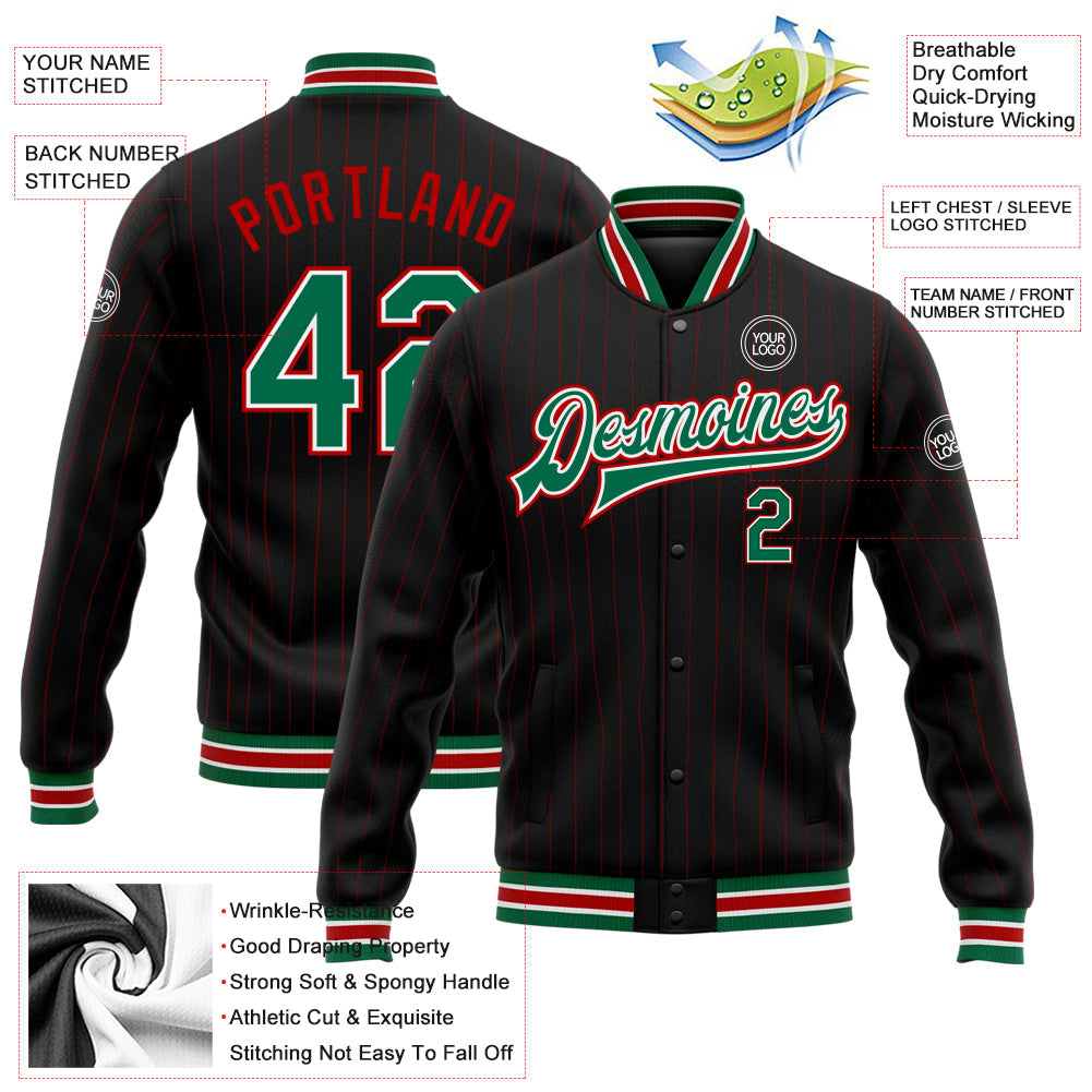 Custom Black Red Pinstripe Kelly Green-White Bomber Full-Snap Varsity Letterman Jacket view 5