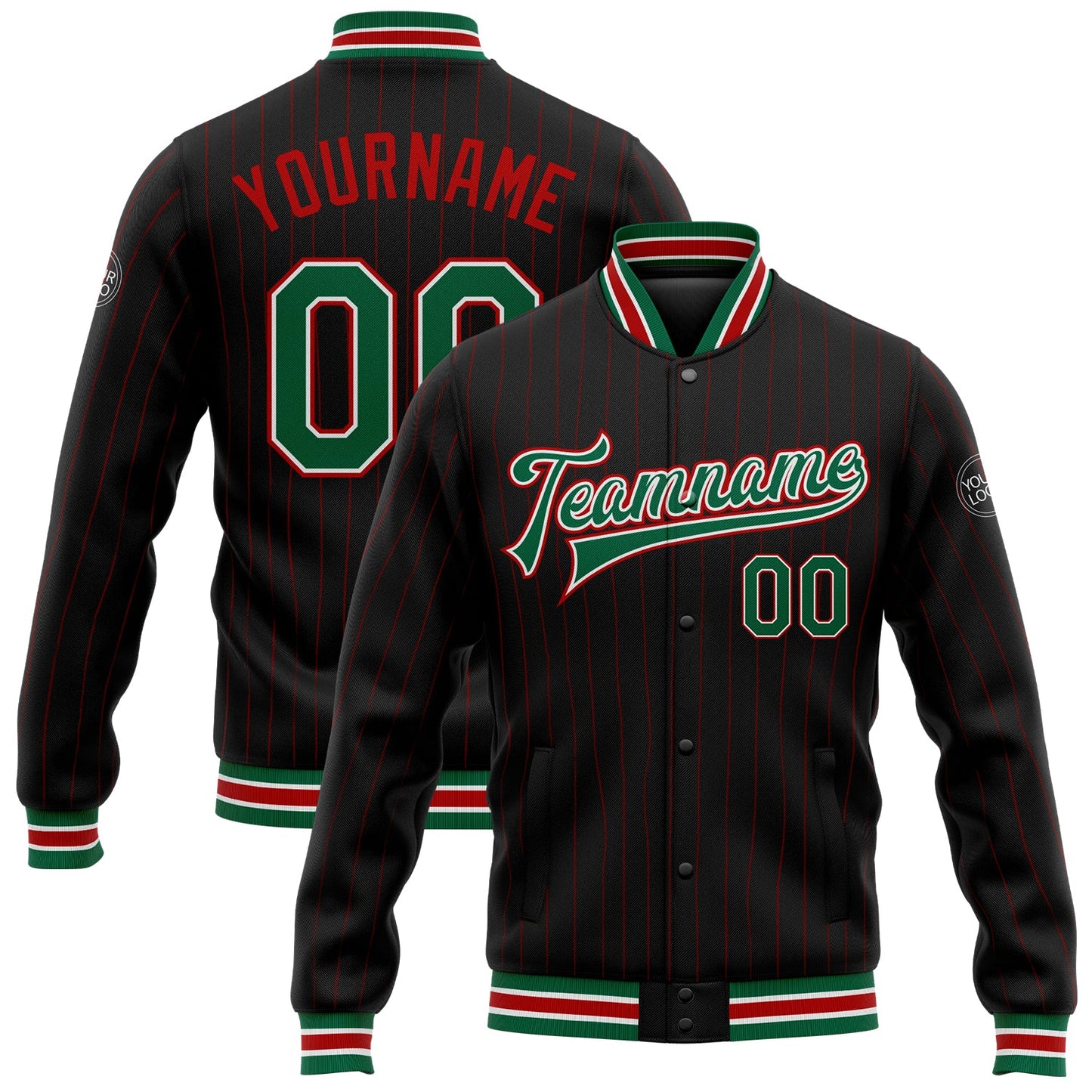Custom Black Red Pinstripe Kelly Green-White Bomber Full-Snap Varsity Letterman Jacket - Main View