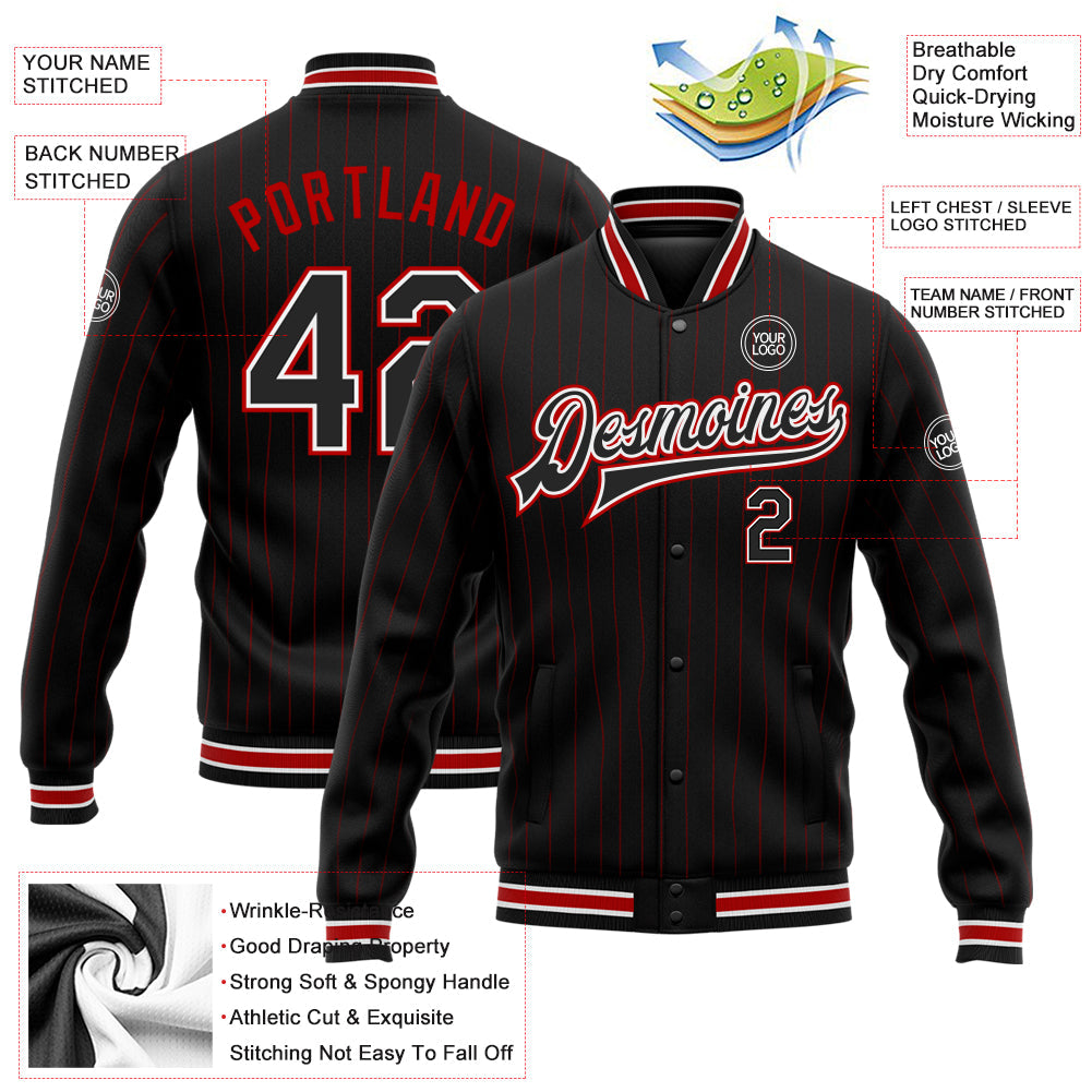 Custom Black Red Pinstripe White Bomber Full-Snap Varsity Letterman Jacket view 5
