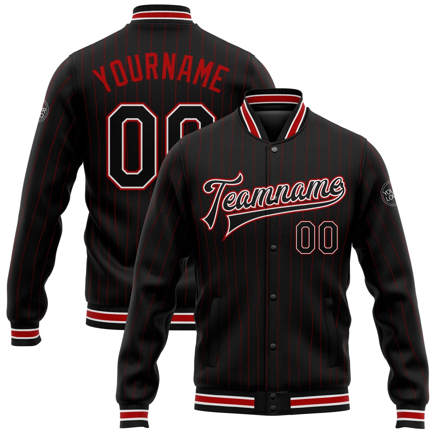 Custom Black Red Pinstripe White Bomber Full-Snap Varsity Letterman Jacket - Main View