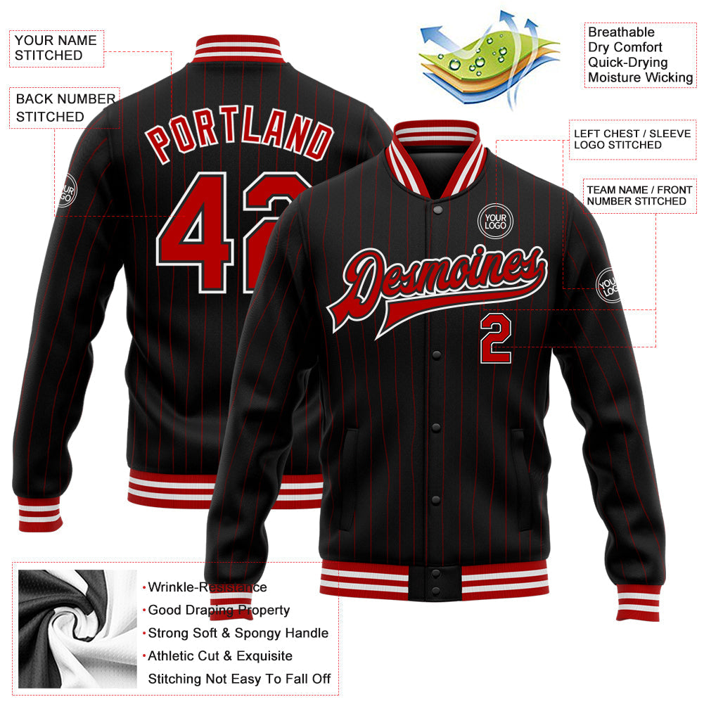 Custom Black Red Pinstripe Red-White Bomber Full-Snap Varsity Letterman Jacket view 5