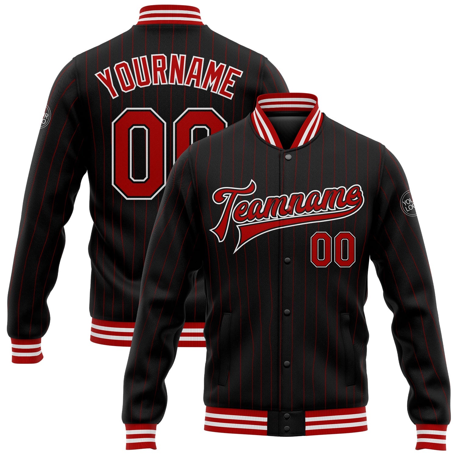 Custom Black Red Pinstripe Red-White Bomber Full-Snap Varsity Letterman Jacket - Main View