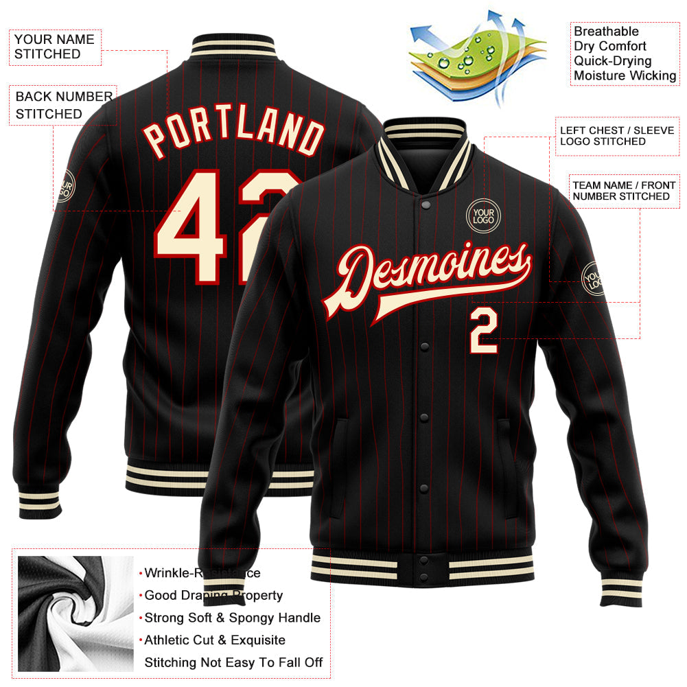 Custom Black Red Pinstripe Cream Bomber Full-Snap Varsity Letterman Jacket view 5