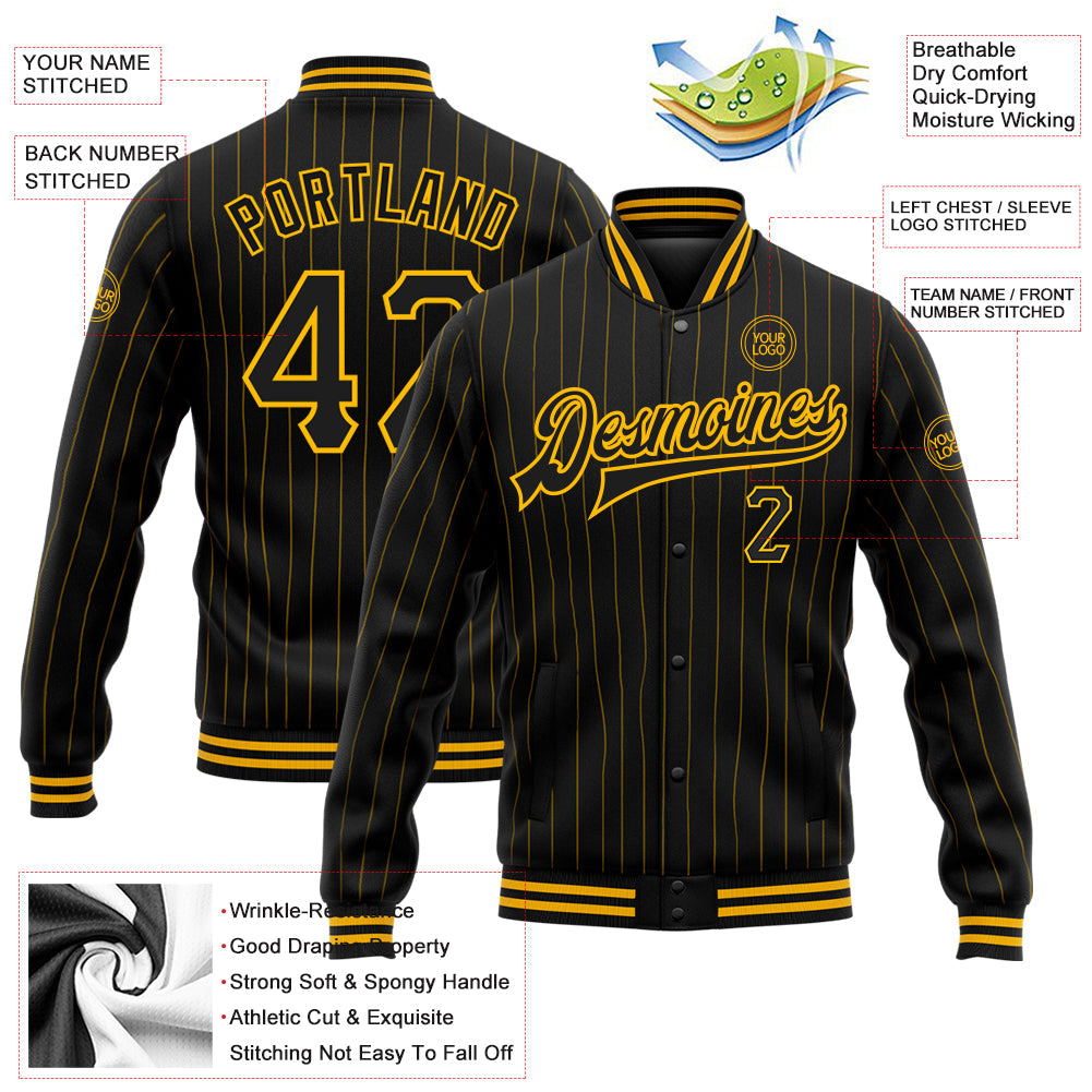 Custom Black Gold Pinstripe Gold Bomber Full-Snap Varsity Letterman Jacket view 5