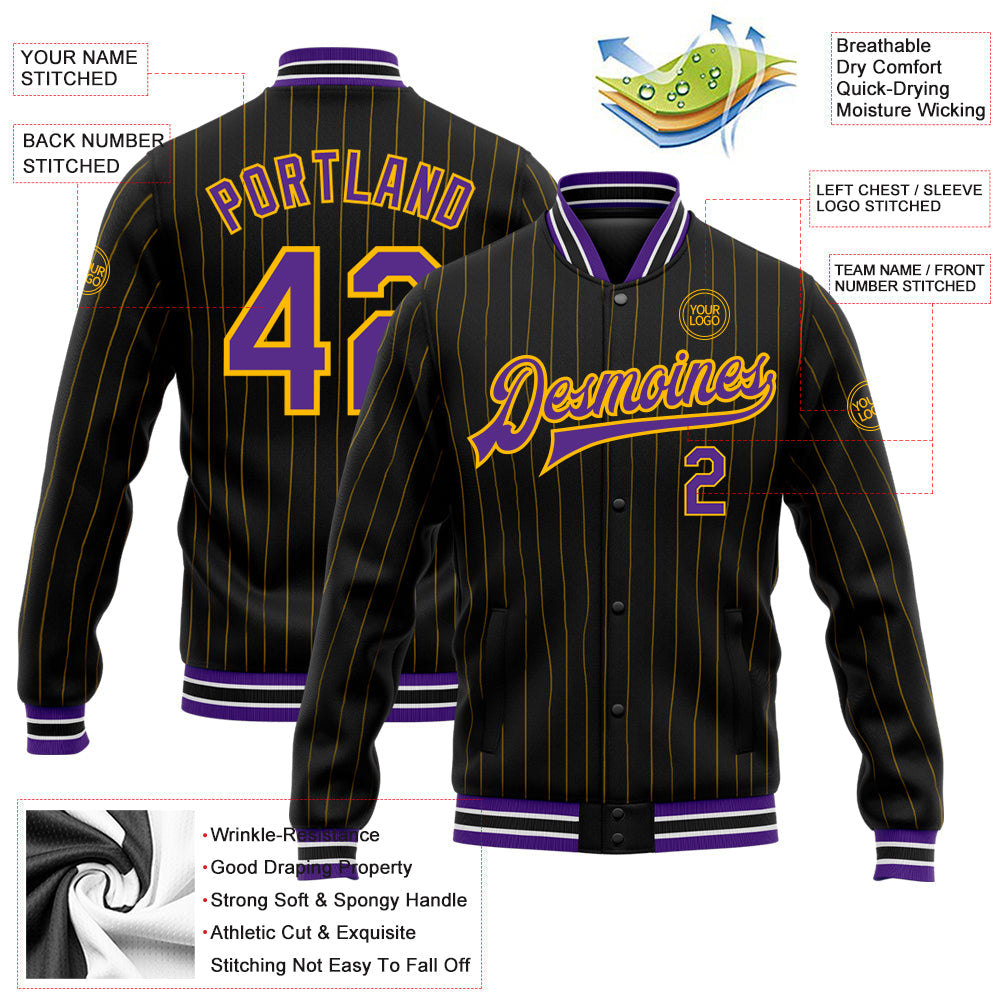 Custom Black Gold Pinstripe Purple-White Bomber Full-Snap Varsity Letterman Jacket view 5