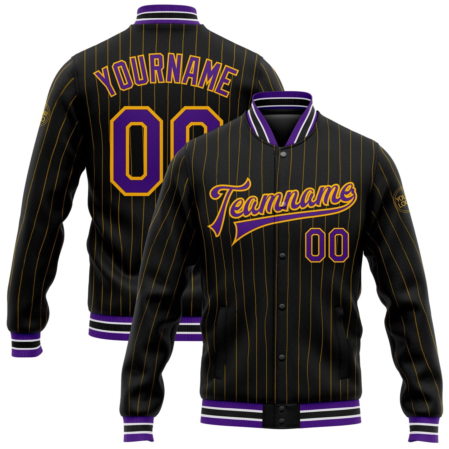 Custom Black Gold Pinstripe Purple-White Bomber Full-Snap Varsity Letterman Jacket - Main View