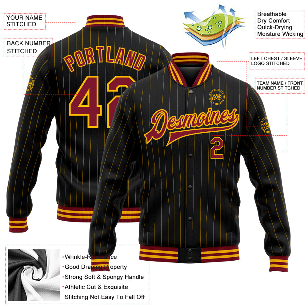 Custom Black Gold Pinstripe Crimson Bomber Full-Snap Varsity Letterman Jacket view 5