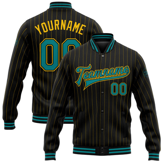 Custom Black Yellow Pinstripe Teal Bomber Full-Snap Varsity Letterman Jacket - Main View