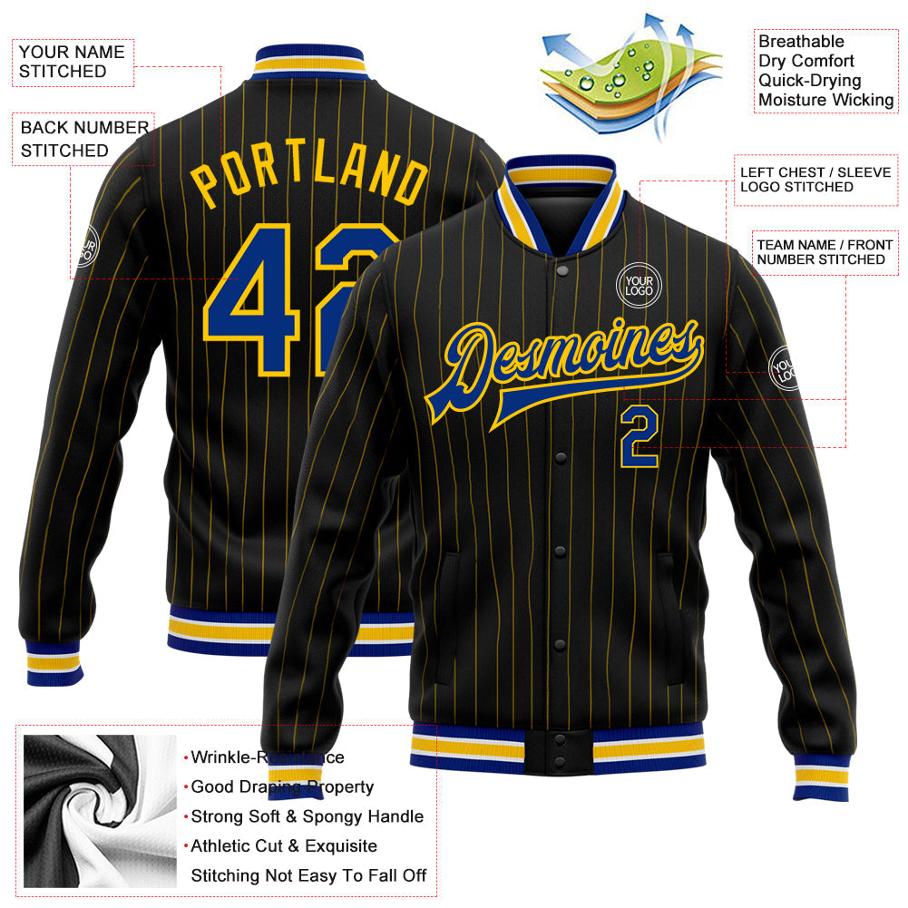 Custom Black Yellow Pinstripe Royal-White Bomber Full-Snap Varsity Letterman Jacket view 5