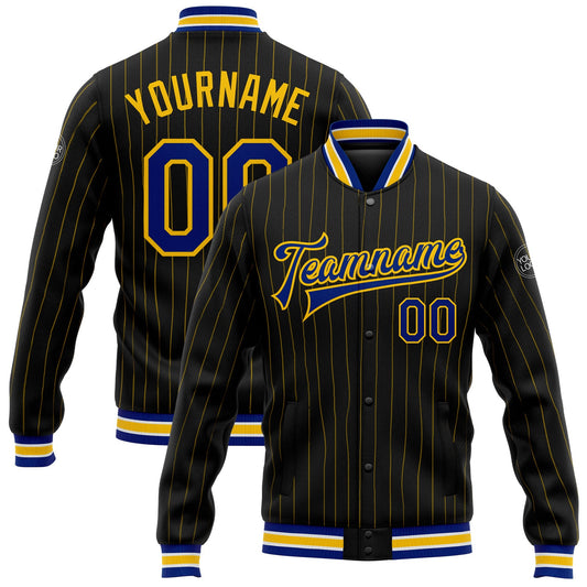 Custom Black Yellow Pinstripe Royal-White Bomber Full-Snap Varsity Letterman Jacket - Main View