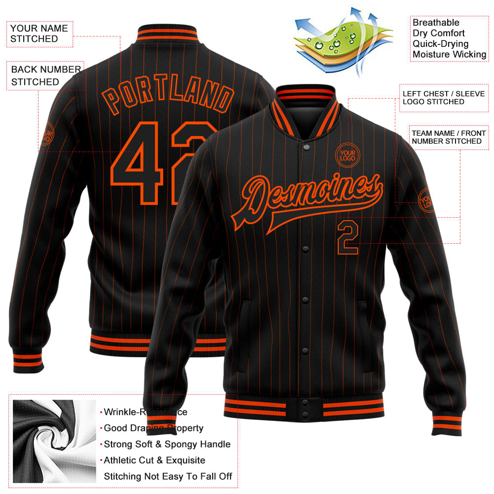 Custom Black Orange Pinstripe Orange Bomber Full-Snap Varsity Letterman Jacket view 5