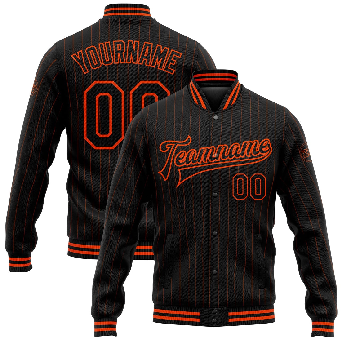 Custom Black Orange Pinstripe Orange Bomber Full-Snap Varsity Letterman Jacket - Main View