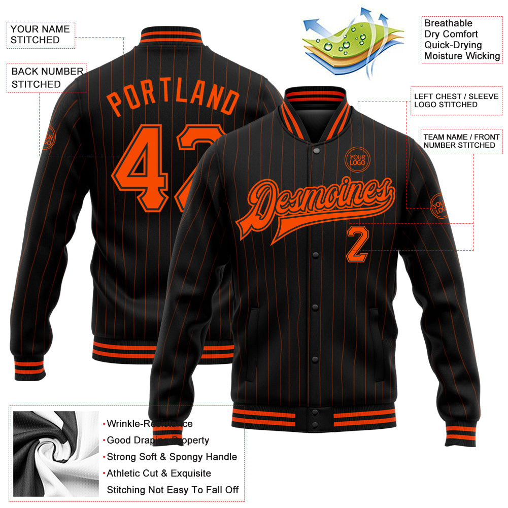 Custom Black Orange Pinstripe Orange Bomber Full-Snap Varsity Letterman Jacket view 5