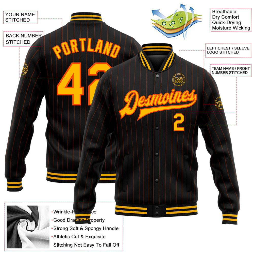 Custom Black Orange Pinstripe Gold Bomber Full-Snap Varsity Letterman Jacket view 5