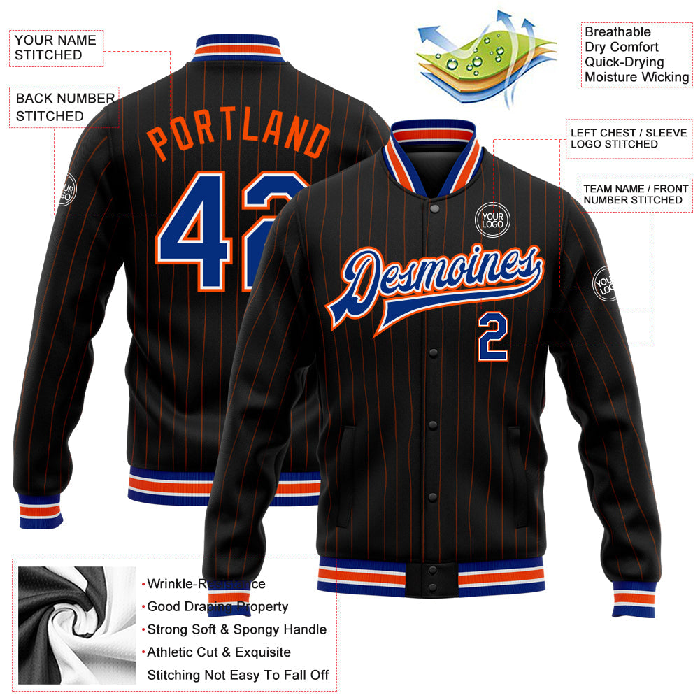 Custom Black Orange Pinstripe Royal-White Bomber Full-Snap Varsity Letterman Jacket view 5