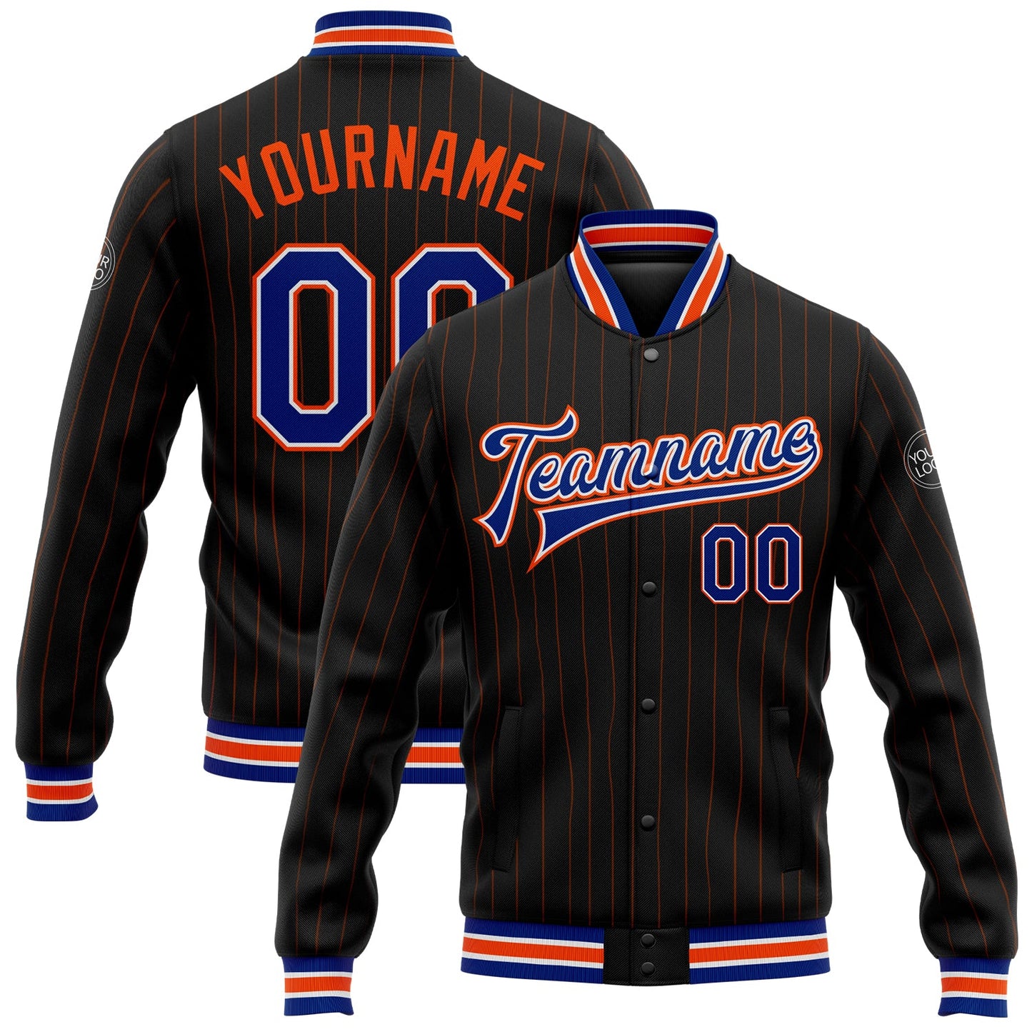 Custom Black Orange Pinstripe Royal-White Bomber Full-Snap Varsity Letterman Jacket - Main View