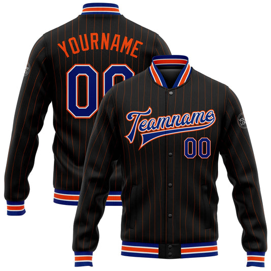 Custom Black Orange Pinstripe Royal-White Bomber Full-Snap Varsity Letterman Jacket - Main View