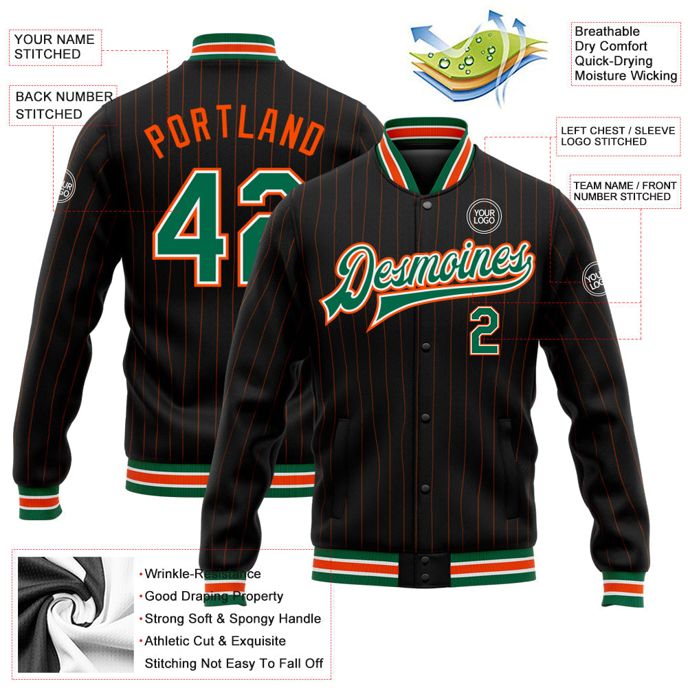 Custom Black Orange Pinstripe Kelly Green-White Bomber Full-Snap Varsity Letterman Jacket view 5